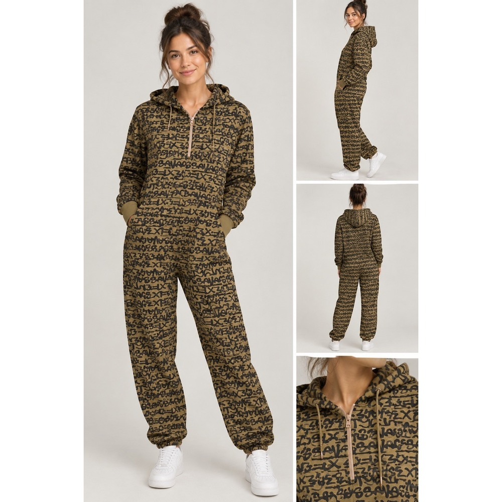 Savage x Fenty Women's Hooded Zip Front Fleece Graphic Jumpsuit 3xl Green/Black